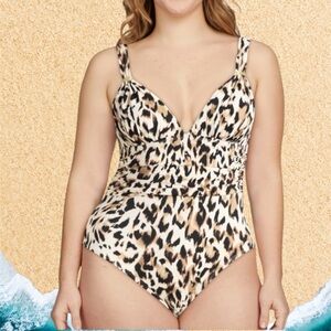 Sofia by Sofia Vergara Women’s L 12-14) Leopard Print Plunge One Piece Swimsuit